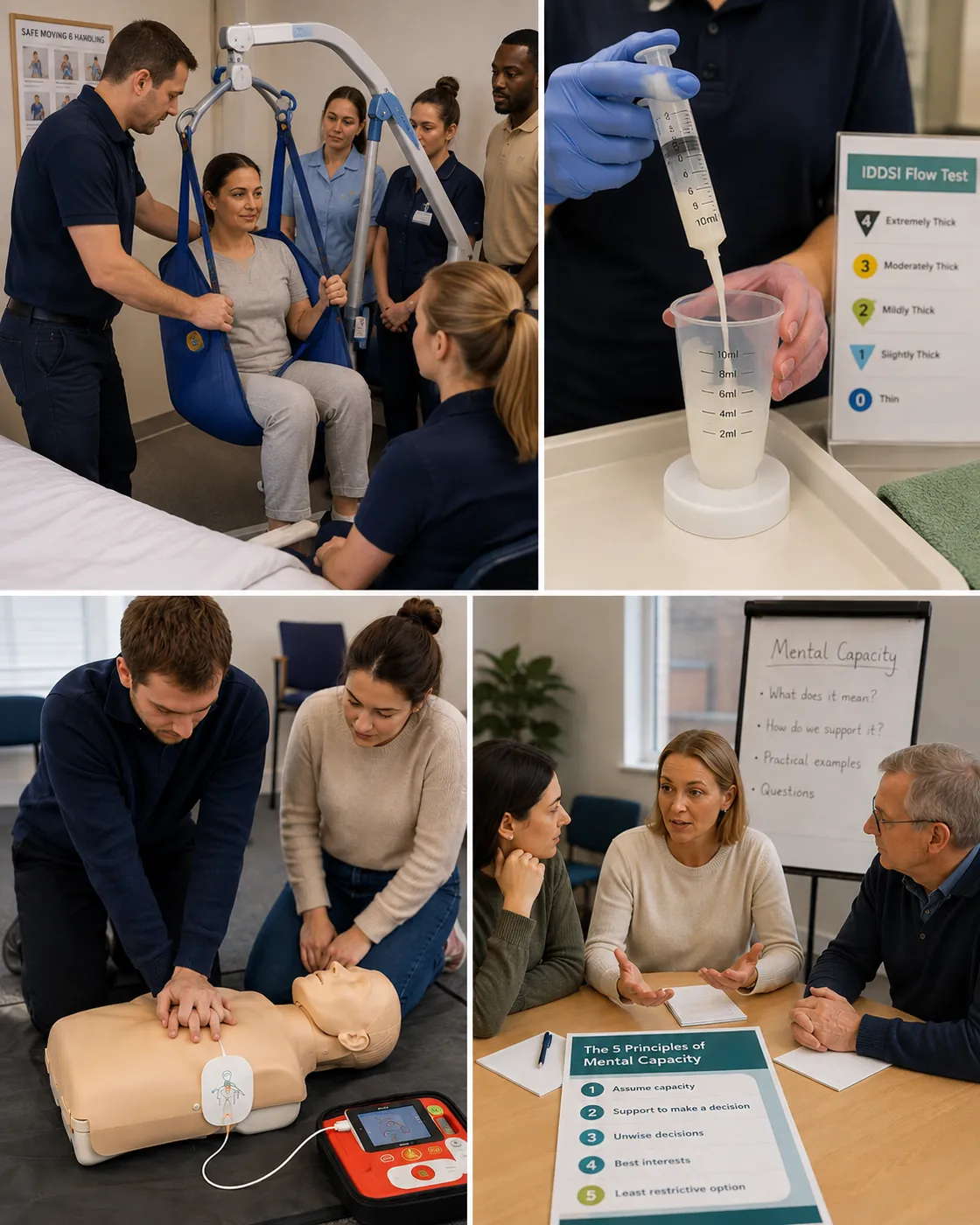 Collage of training sessions: hoist practice, IDDSI flow testing, CPR practice and a mental capacity workshop