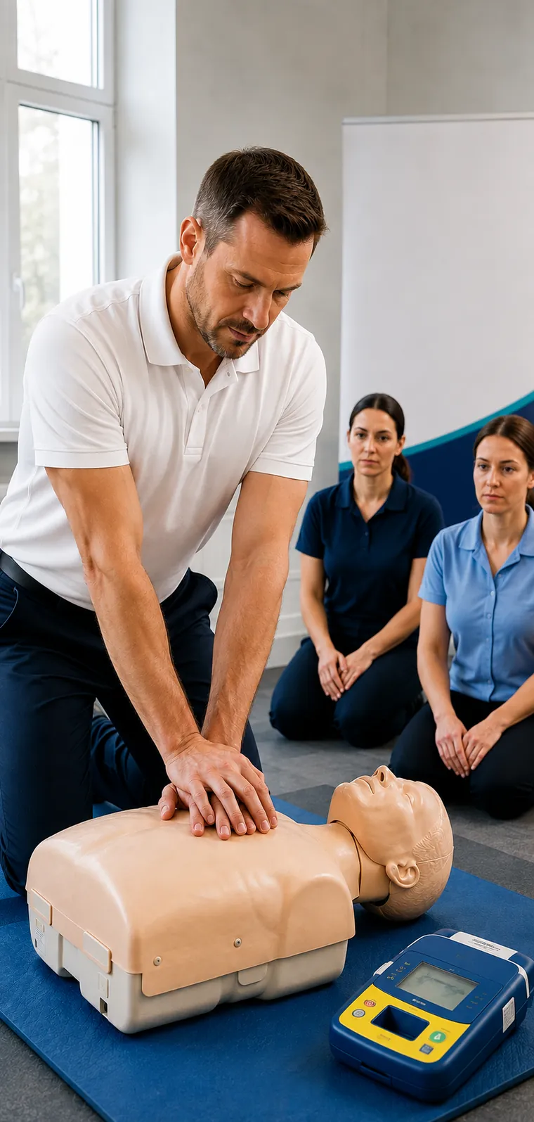 A trainer demonstrating CPR on a manikin to a small group of care staff