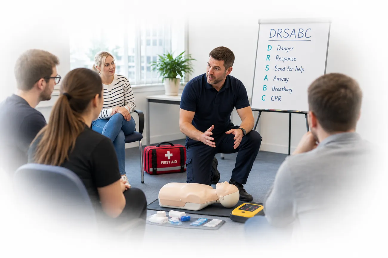 A trainer talking a small group through resuscitation equipment in a training room